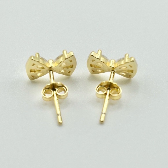 Elegant Gold Bow Zircon Earrings 925 Sterling Silver Posts - Picture 3 of 6